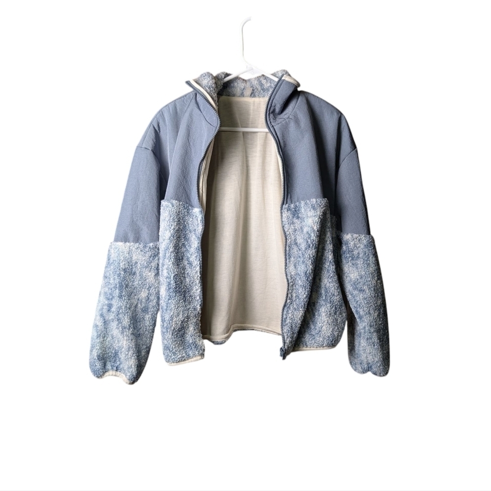 New Cozy Blue White Fleece Jacket Full Front Zipper Fast Dry Recycled Polyester - Picture 4 of 10